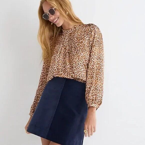 🌹 J. CREW 🌹 Ruffleneck Drapey Leopard Print Satin Blouse - [Size XS] - Picture 1 of 14